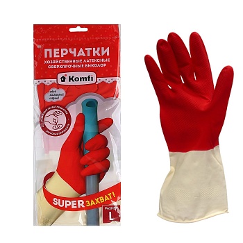 Перчатки хозяйственные латексные Сверхпрочные биколор (L) белый + красный Komfi