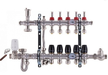 KOER KR.S1011-05 Коллектор со встроенным смесит. узлом 1"х 5 SUS304 и евроконусами 3/4 - 16